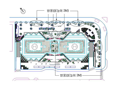 풍환경에 대한 방풍대책(방 풍림(높이 2M) 설명 이미지 - (여러 가지 풍환경 기준을 통해 단지 내 보행자에게 불편을 줄 수 있는 지점(N.G)에 대해서 풍속을 완화 할 수 있는 대책을 제시(방풍림, 방풍벽)하고 대책 후 다시 풍환경실험을 수행하여 대책 전, 후에 대한 풍속의 완화 정도를 분석.)